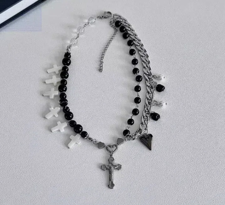 Cyberpunk, silver double-layer cross pendant necklace, decorated with cross and obsidian,Y2Kchoker,punk style,perfect gift,unisex choker