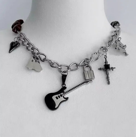 Cyberpunk guitar pendant necklace,  silver chunky chain choker, adorned with cross and locks in a multi-element design.unisex choker.