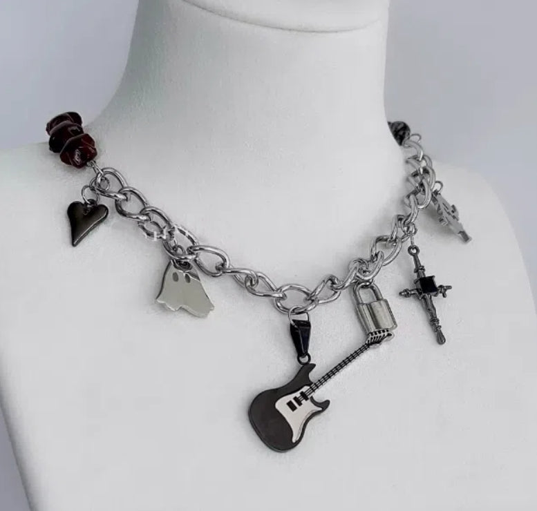 Cyberpunk guitar pendant necklace, silver chunky chain choker, adorned with cross and locks in a multi-element design.unisex choker.