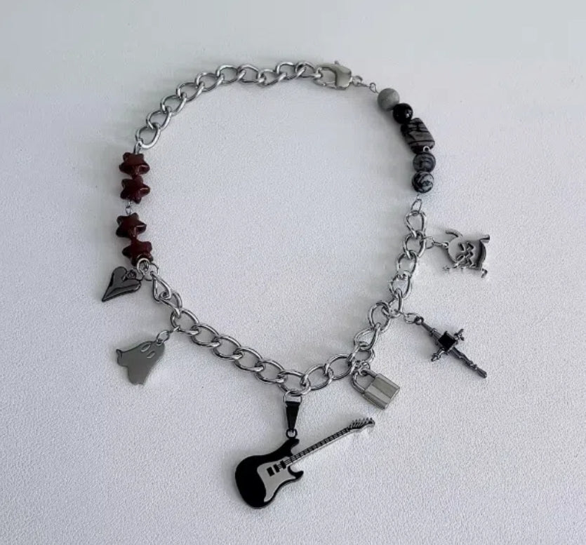 Cyberpunk guitar pendant necklace, silver chunky chain choker, adorned with cross and locks in a multi-element design.unisex choker.
