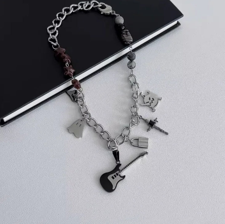 Cyberpunk guitar pendant necklace, silver chunky chain choker, adorned with cross and locks in a multi-element design.unisex choker.