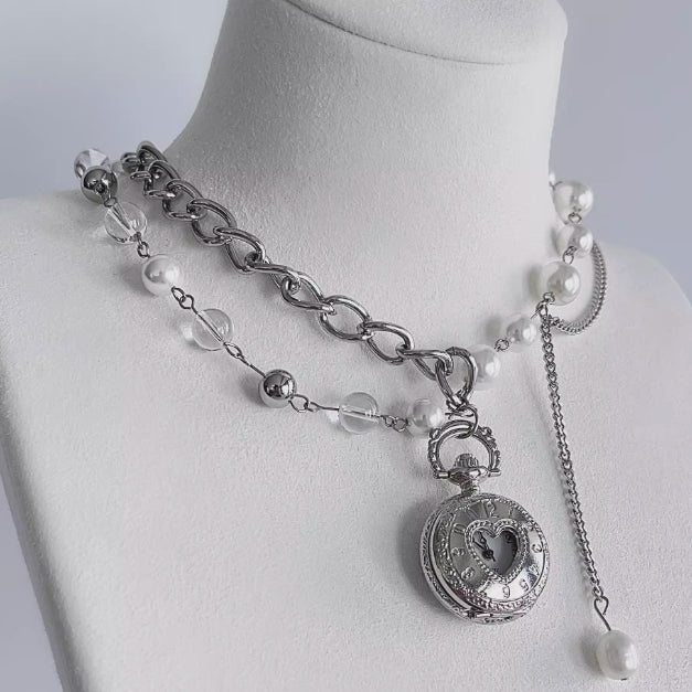Vintage Punk Silver Pocket Watch Necklace, Double-layer Pearl Necklace,chunky chain choker,Y2Kchoker,Exquisite and perfect gift,Unisexchoker