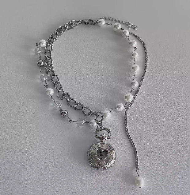 Vintage Punk Silver Pocket Watch Necklace, Double-layer Pearl Necklace,chunky chain choker,Y2Kchoker,Exquisite and perfect gift,Unisexchoker
