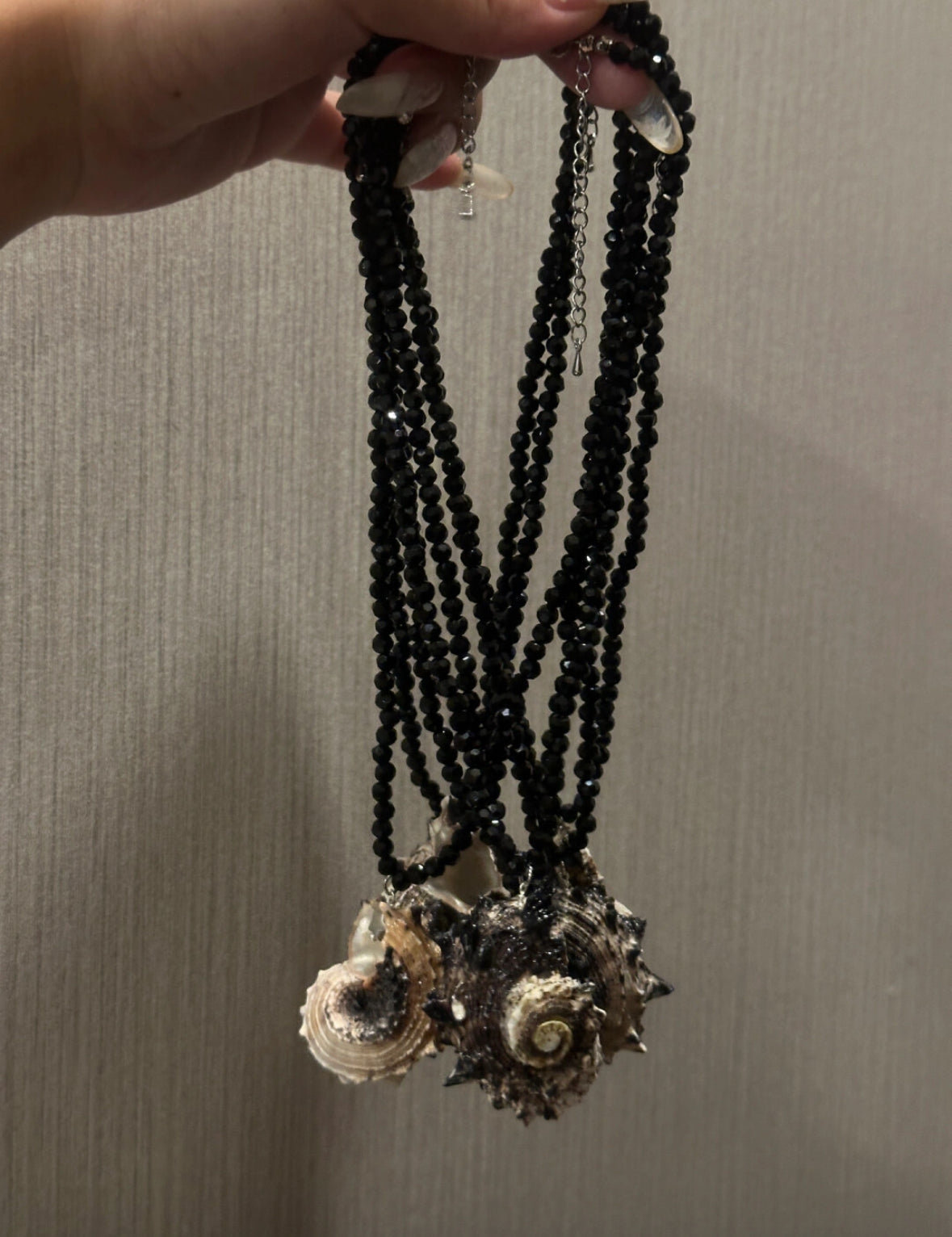 Handmade natural conch necklace with black beaded necklace, featuring marine elements, a unique and perfect handcrafted gift.