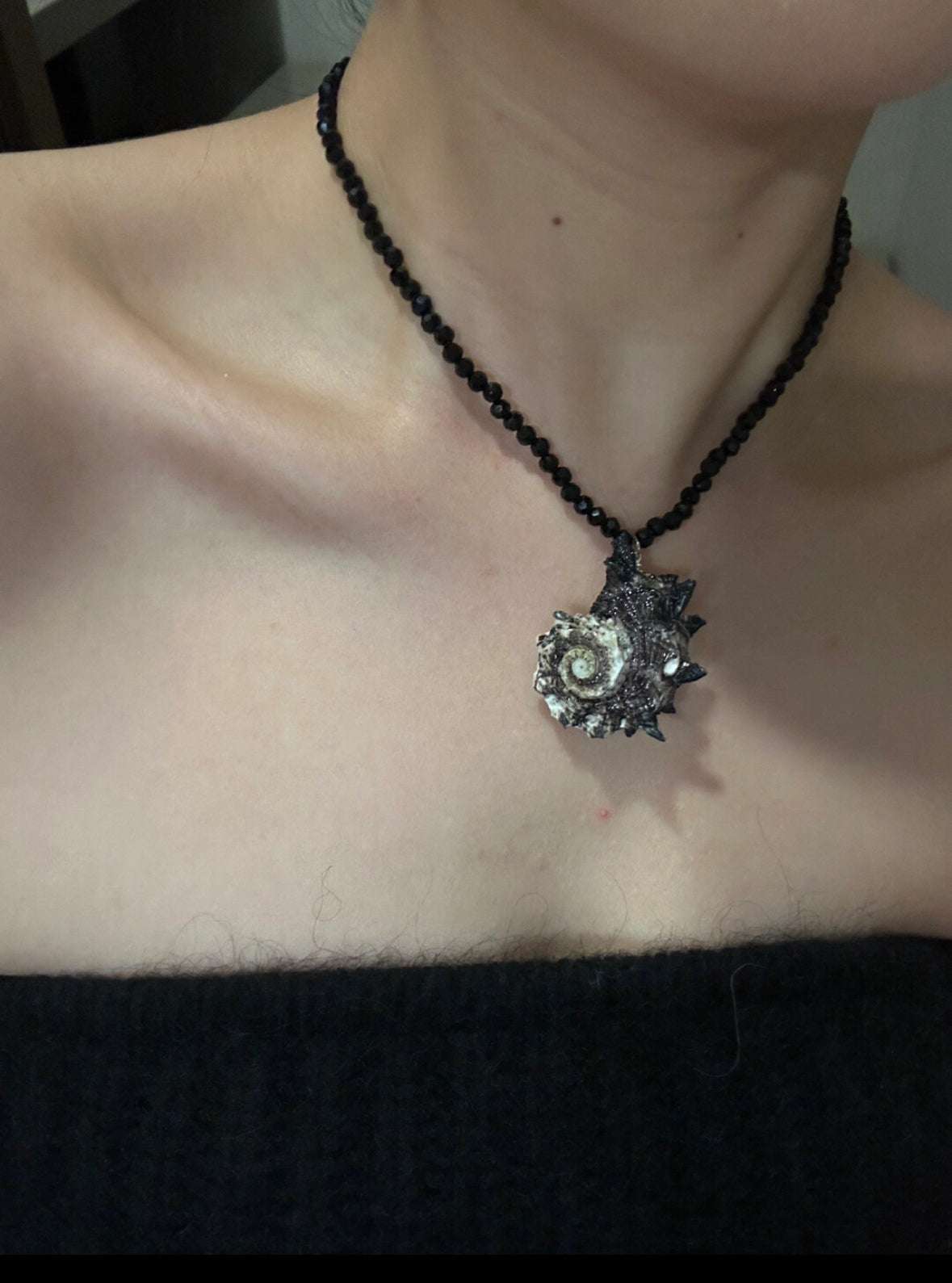 Handmade natural conch necklace with black beaded necklace, featuring marine elements, a unique and perfect handcrafted gift.