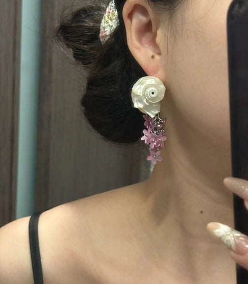 Handcrafted, white natural conch shells earrings, accented with purple floral details,S925,showcasing a distinct oceanic style,a perfectgift