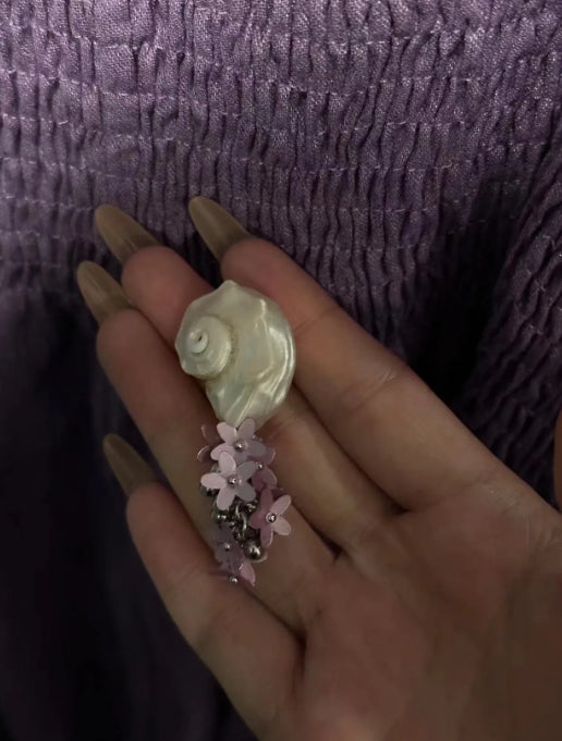 Handcrafted, white natural conch shells earrings, accented with purple floral details,S925,showcasing a distinct oceanic style,a perfectgift