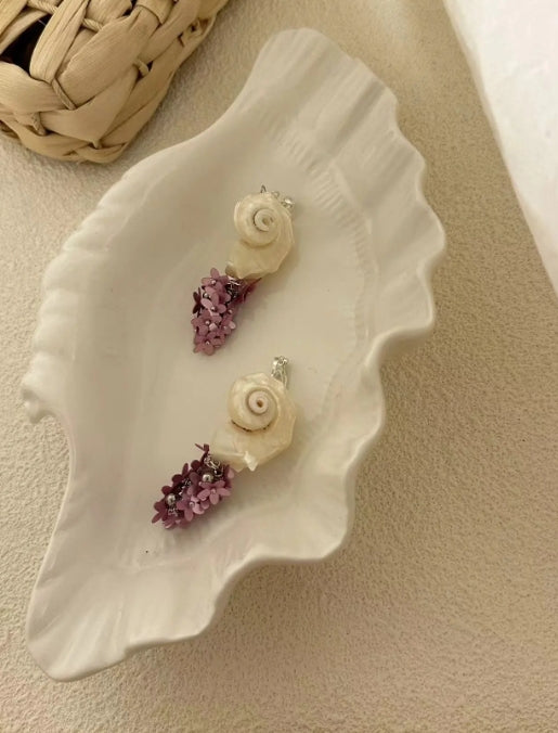 Handcrafted, white natural conch shells earrings, accented with purple floral details,S925,showcasing a distinct oceanic style,a perfectgift