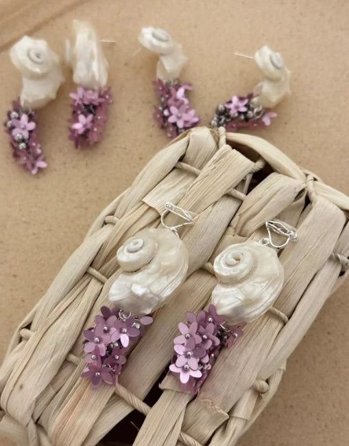 Handcrafted, white natural conch shells earrings, accented with purple floral details,S925,showcasing a distinct oceanic style,a perfectgift