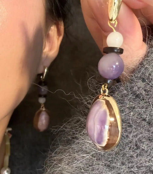 Handcrafted earrings made with natural conch shells and adorned with purple jade beads, S925silver,elegant and refined design,a perfect gift