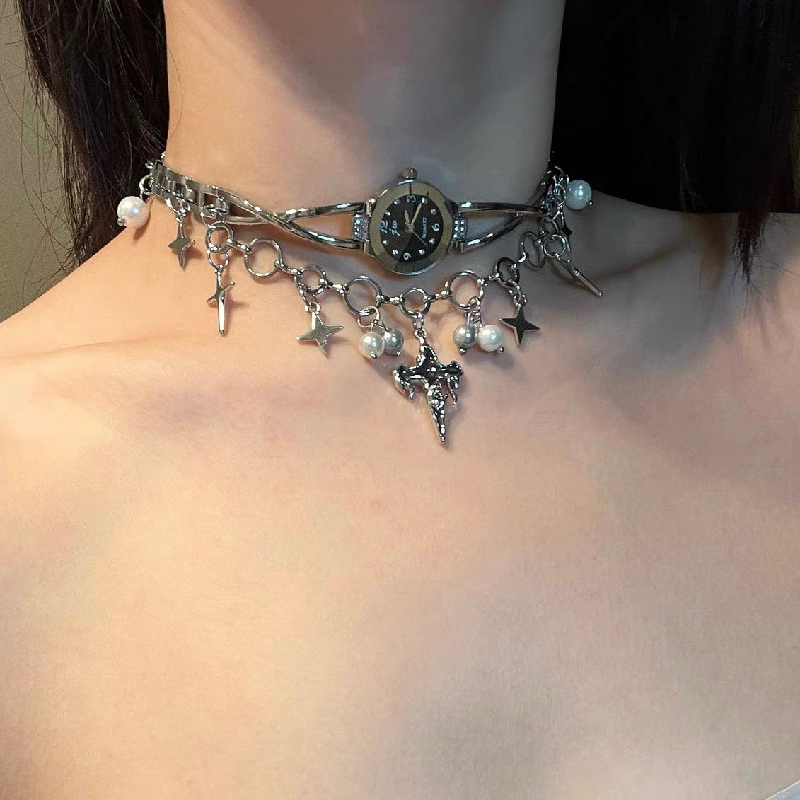 Double Layered Stacked Chunky Watch Choker Y2K Niche Punk Star Pearl Necklace Silver Chain