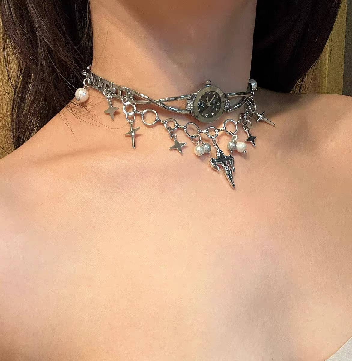 Double Layered Stacked Chunky Watch Choker Y2K Niche Punk Star Pearl Necklace Silver Chain