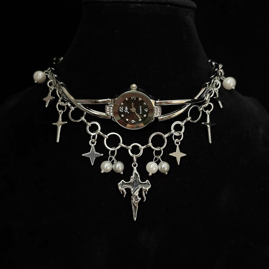 Double Layered Stacked Chunky Watch Choker Y2K Niche Punk Star Pearl Necklace Silver Chain
