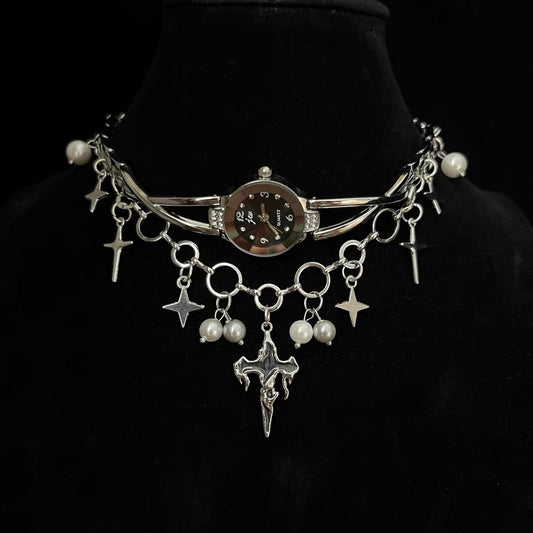 Double Layered Stacked Chunky Watch Choker Y2K Niche Punk Star Pearl Necklace Silver Chain