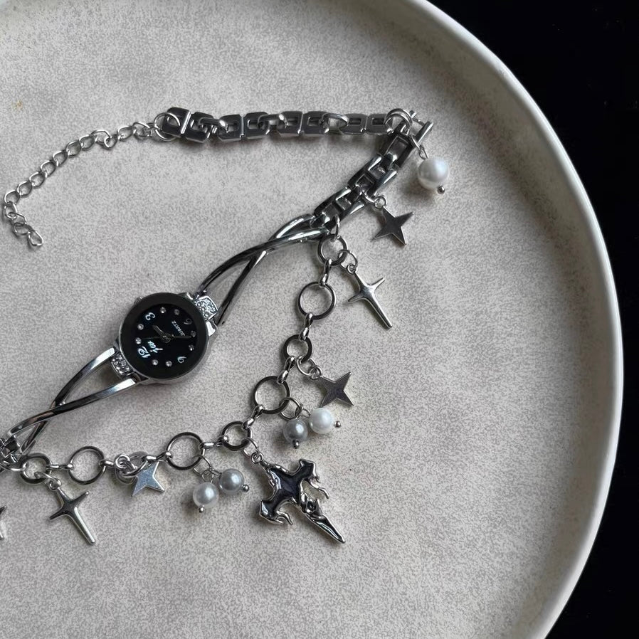 Double Layered Stacked Chunky Watch Choker Y2K Niche Punk Star Pearl Necklace Silver Chain