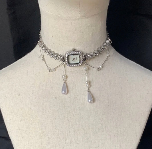 Glittering Rhinestone Watch Choker Water Drop Pearl Beaded Necklace Fashion Silver Chain