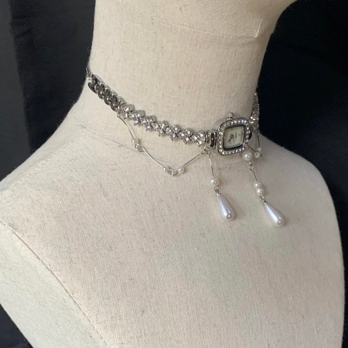 Glittering Rhinestone Watch Choker Water Drop Pearl Beaded Necklace Fashion Silver Chain