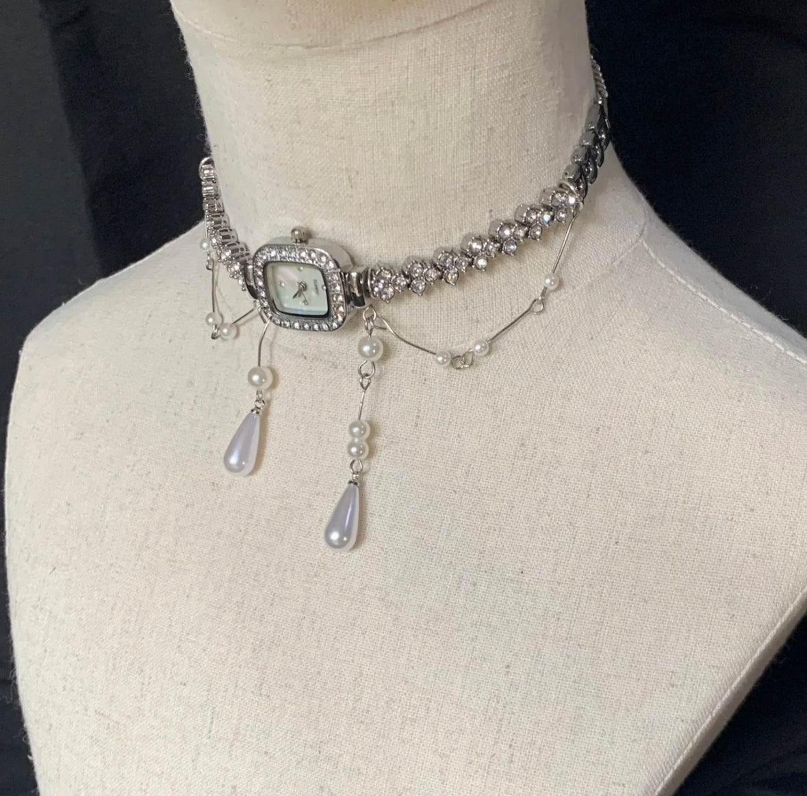 Glittering Rhinestone Watch Choker Water Drop Pearl Beaded Necklace Fashion Silver Chain
