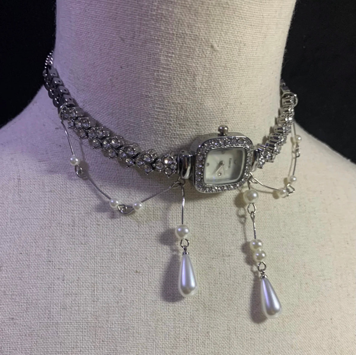Glittering Rhinestone Watch Choker Water Drop Pearl Beaded Necklace Fashion Silver Chain