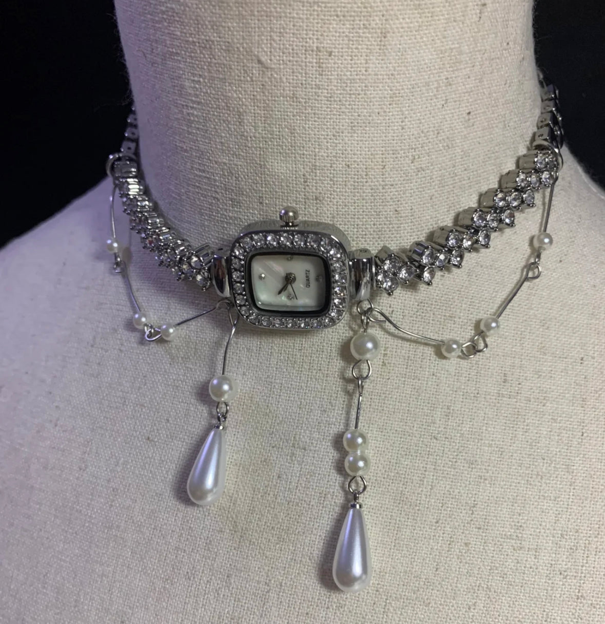 Glittering Rhinestone Watch Choker Water Drop Pearl Beaded Necklace Fashion Silver Chain
