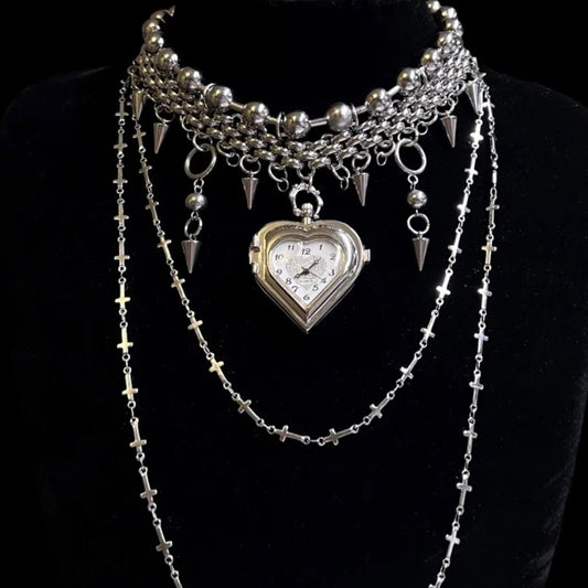 Chunky Gothic Heart Shape Watch Choker Layered Beaded Necklaces Y2K Grunge Punk Chain
