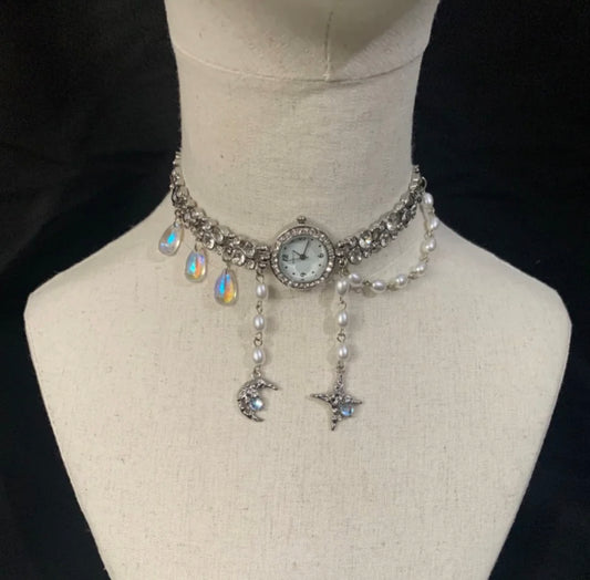 Moon Star Pendant Watch Choker Water Drop Pearl Beaded Tassels Retro Necklace Vintage Jewelry