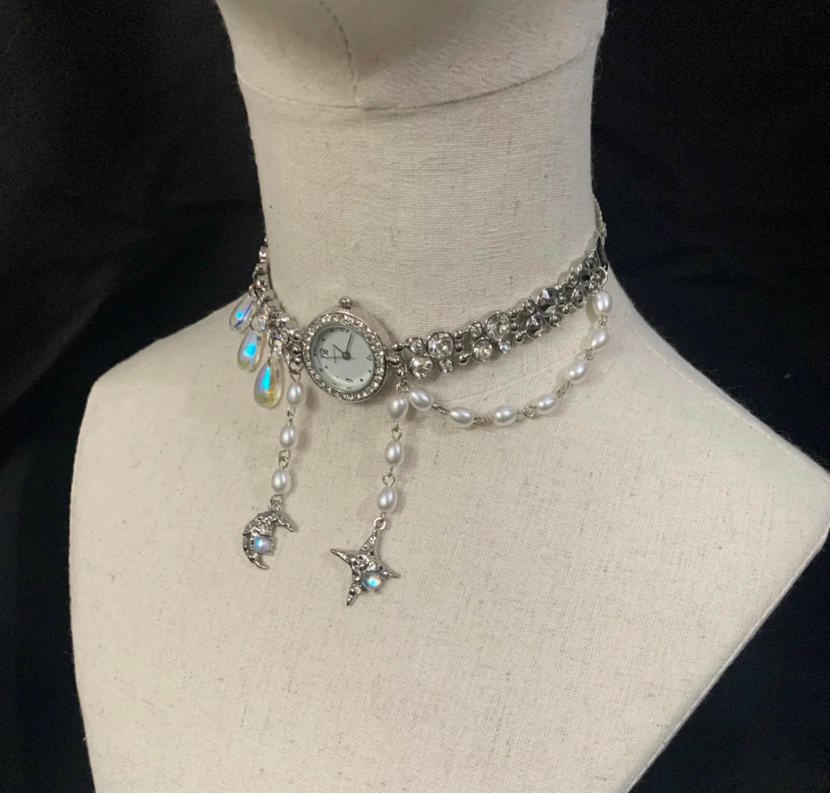 Moon Star Pendant Watch Choker Water Drop Pearl Beaded Tassels Retro Necklace Vintage Jewelry