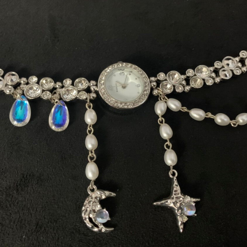 Moon Star Pendant Watch Choker Water Drop Pearl Beaded Tassels Retro Necklace Vintage Jewelry
