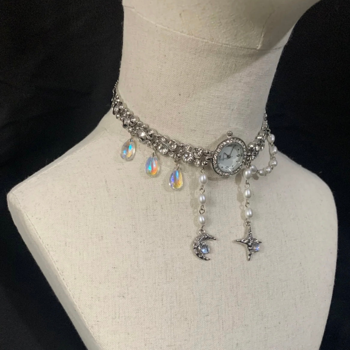 Moon Star Pendant Watch Choker Water Drop Pearl Beaded Tassels Retro Necklace Vintage Jewelry