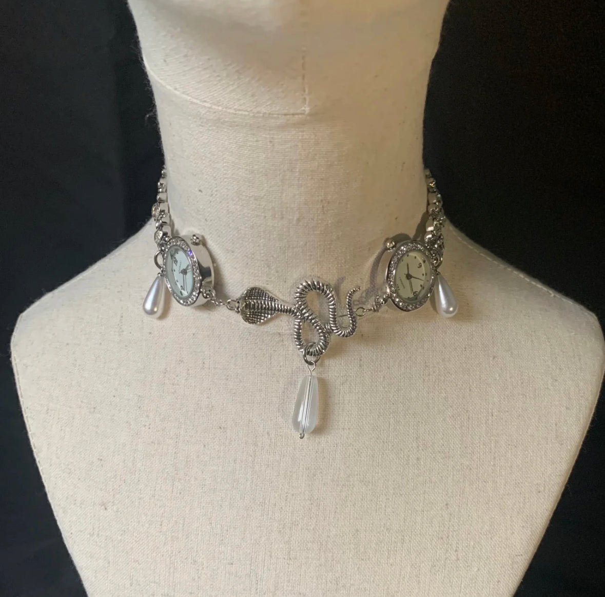 Dual Watch Snake Choker Serpent Statement Water Drop Pearl Beaded Punk Necklace Vintage Jewelry