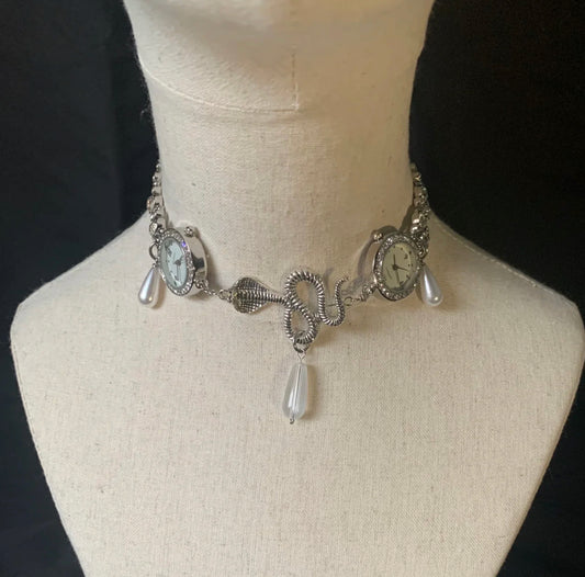 Dual Watch Snake Choker Serpent Statement Water Drop Pearl Beaded Punk Necklace Vintage Jewelry