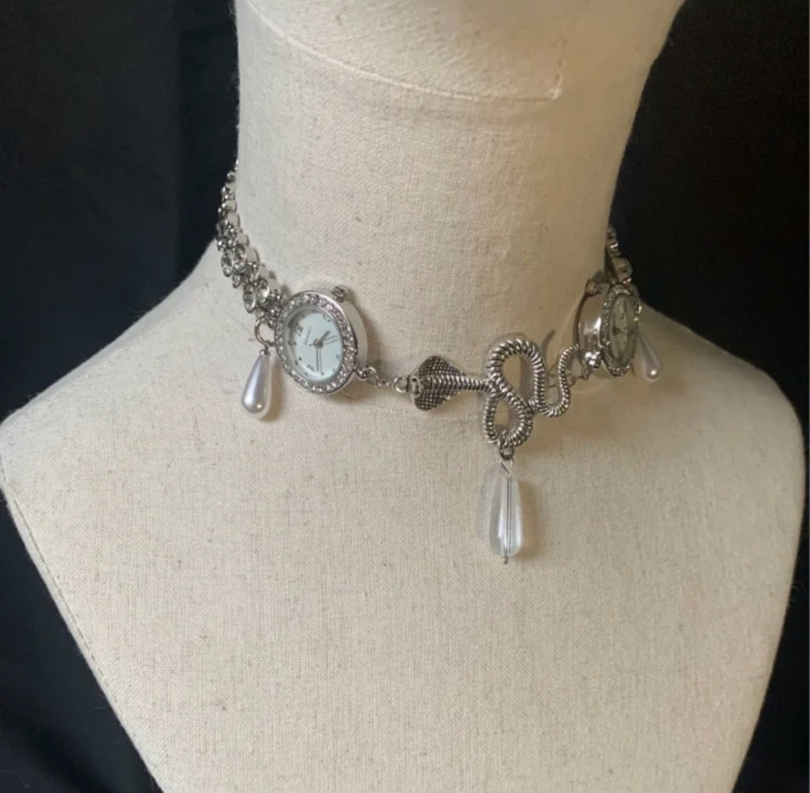 Dual Watch Snake Choker Serpent Statement Water Drop Pearl Beaded Punk Necklace Vintage Jewelry