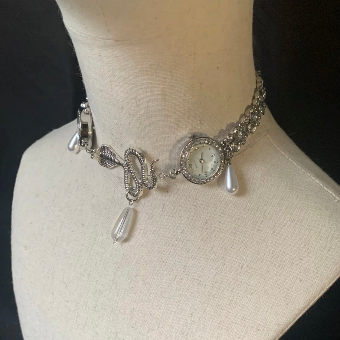 Dual Watch Snake Choker Serpent Statement Water Drop Pearl Beaded Punk Necklace Vintage Jewelry