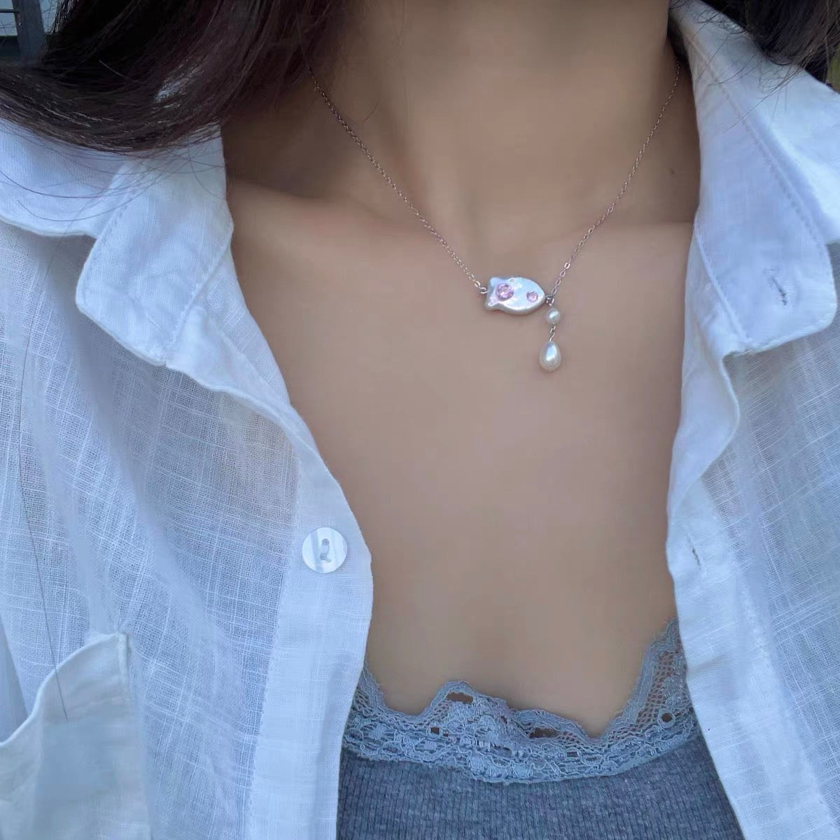 Clownfish Nemo Shape Neckalce with Baroque Pearl,  Niche Design Adjustable Long Chain