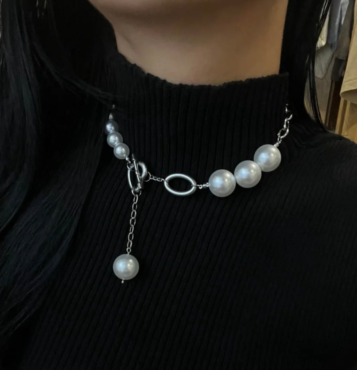 Big Round Pearl Beaded Choker Heart Cupid Pendant Loop Tassels Necklace Silver Chain