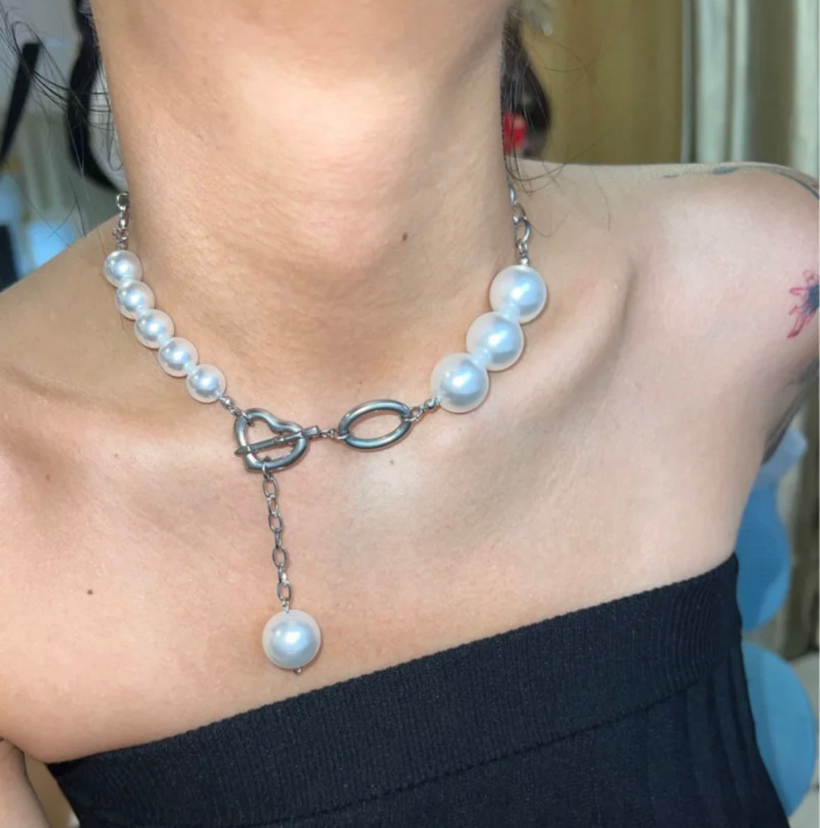 Big Round Pearl Beaded Choker Heart Cupid Pendant Loop Tassels Necklace Silver Chain