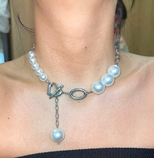 Big Round Pearl Beaded Choker Heart Cupid Pendant Loop Tassels Necklace Silver Chain