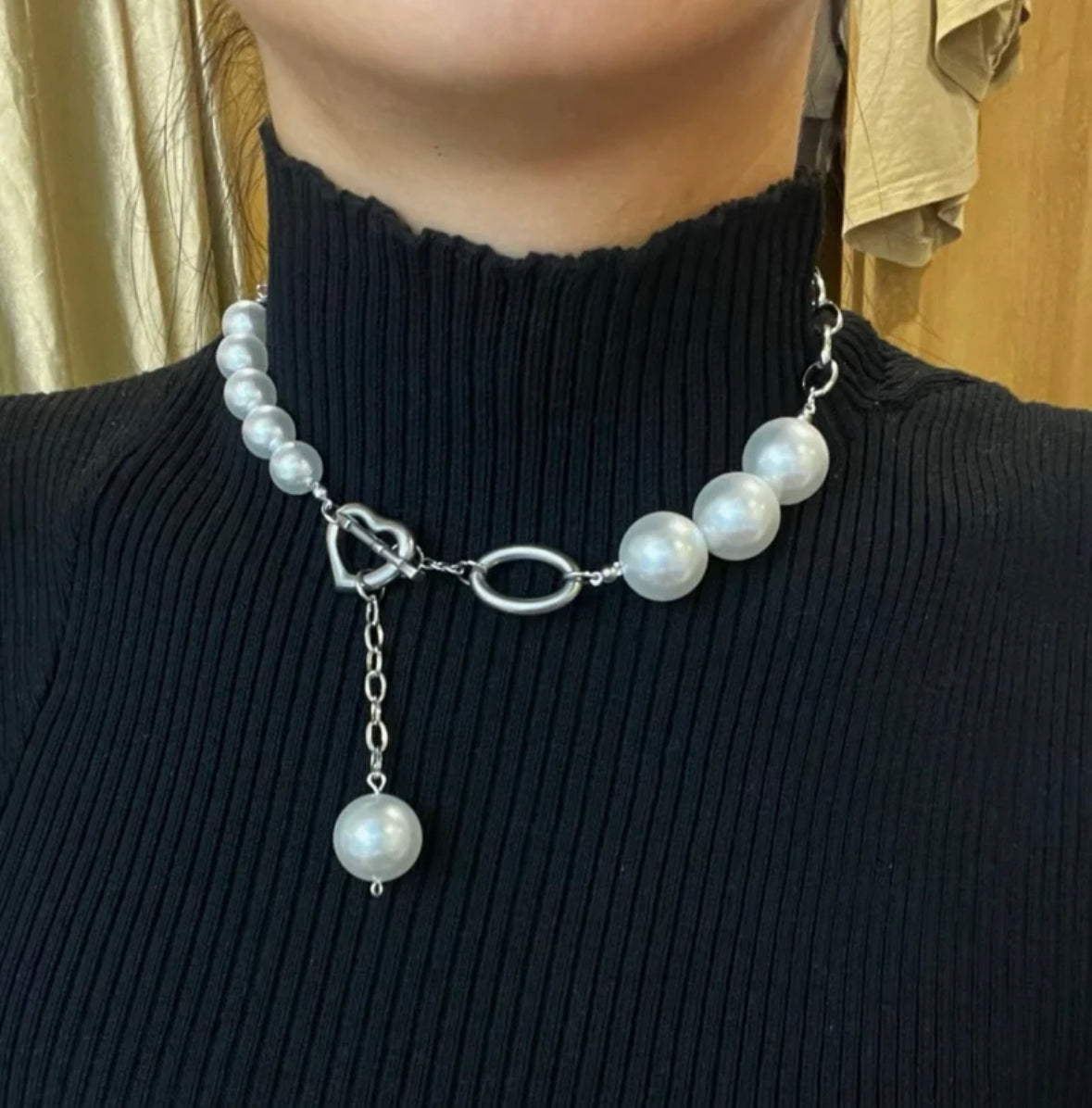 Big Round Pearl Beaded Choker Heart Cupid Pendant Loop Tassels Necklace Silver Chain