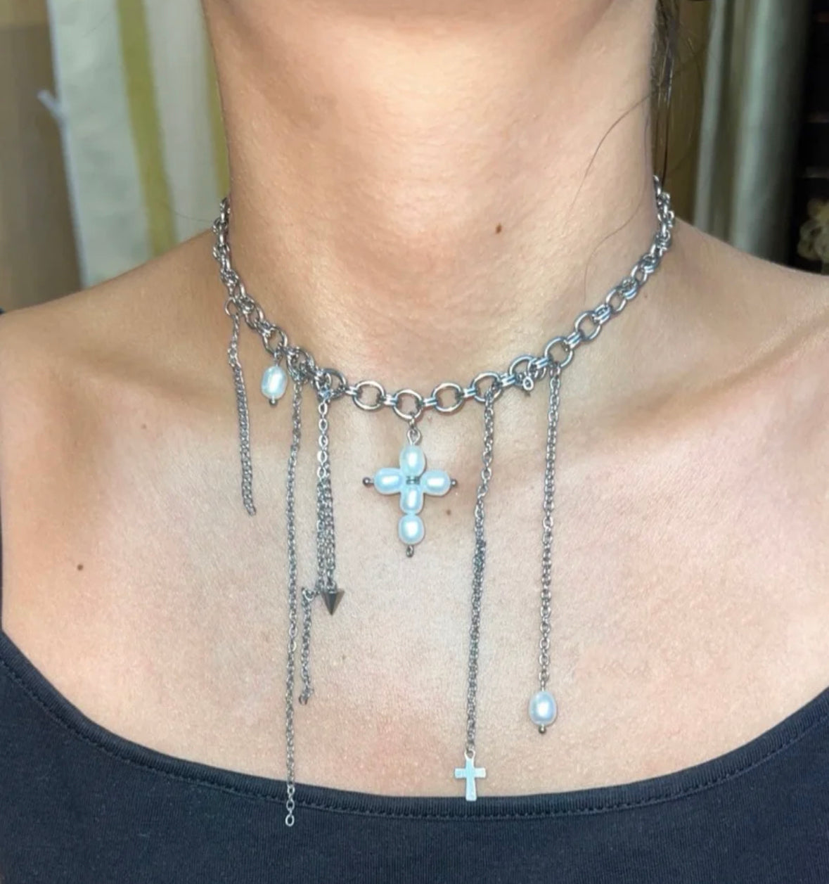Freshwater Pearl Beaded Choker Cross Pendant Chunky Niche Punk Necklace Silver Chain