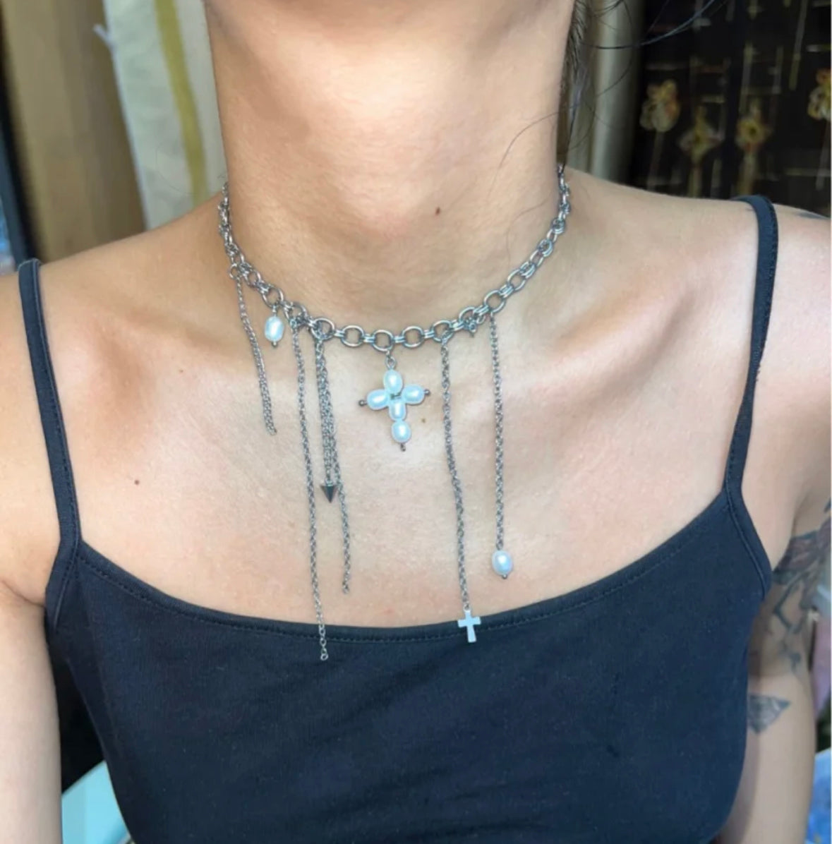 Freshwater Pearl Beaded Choker Cross Pendant Chunky Niche Punk Necklace Silver Chain