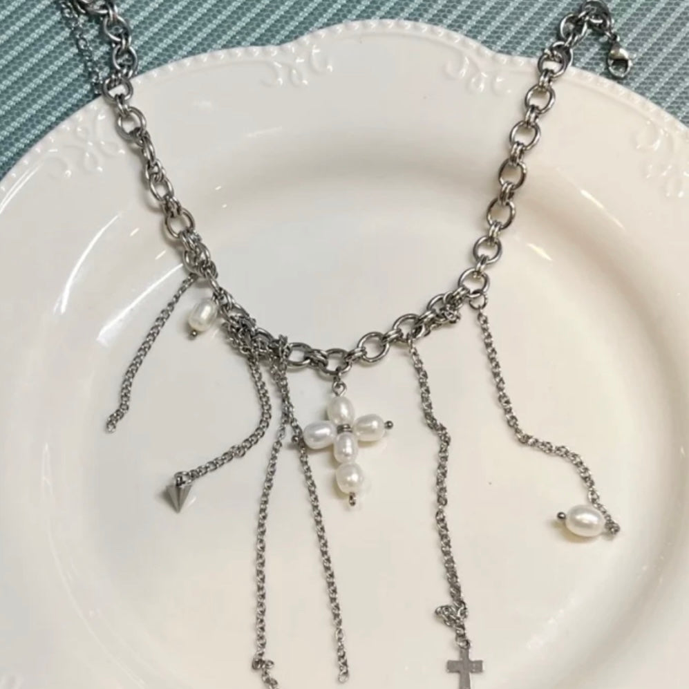 Freshwater Pearl Beaded Choker Cross Pendant Chunky Niche Punk Necklace Silver Chain