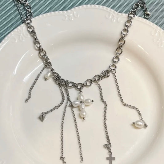 Freshwater Pearl Beaded Choker Cross Pendant Chunky Niche Punk Necklace Silver Chain