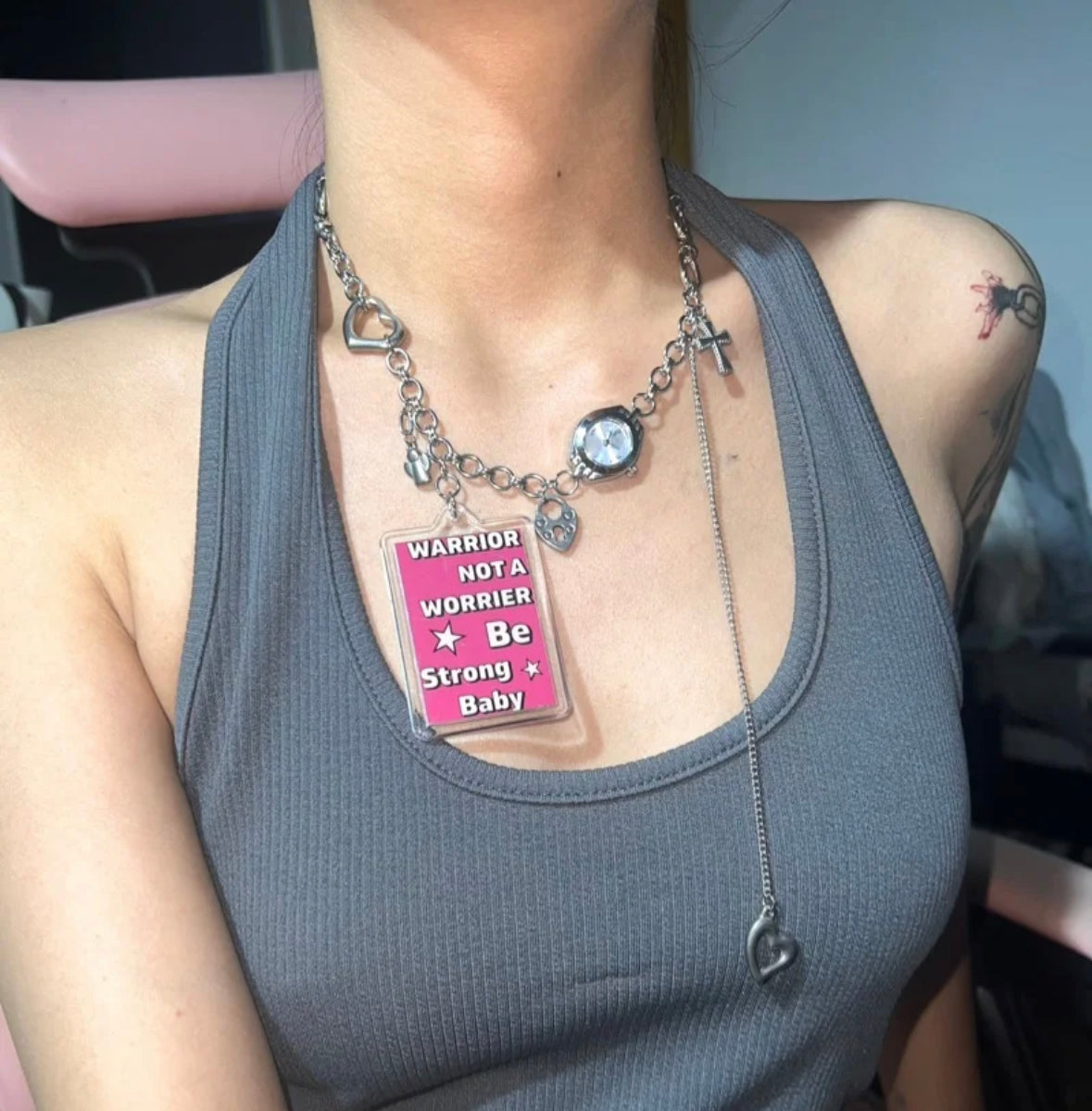 Y2K Niche Punk Watch Choker Chunky Trendy Tassels Pendant Necklace Silver Link Chain