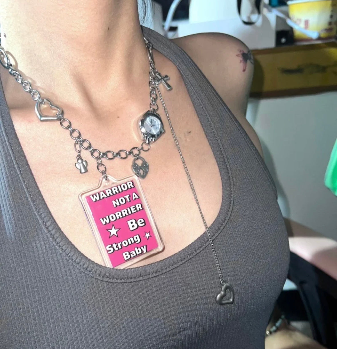 Y2K Niche Punk Watch Choker Chunky Trendy Tassels Pendant Necklace Silver Link Chain