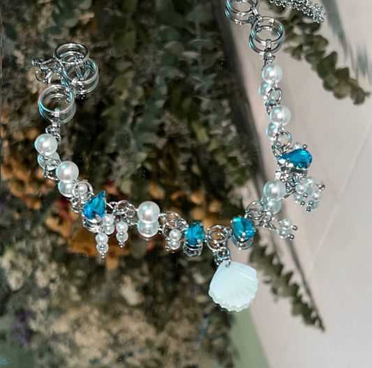 White Pearl Beaded Blue Rhinestone Shell Pendant Choker Fashion Trendy Necklace Silver Loop Chain