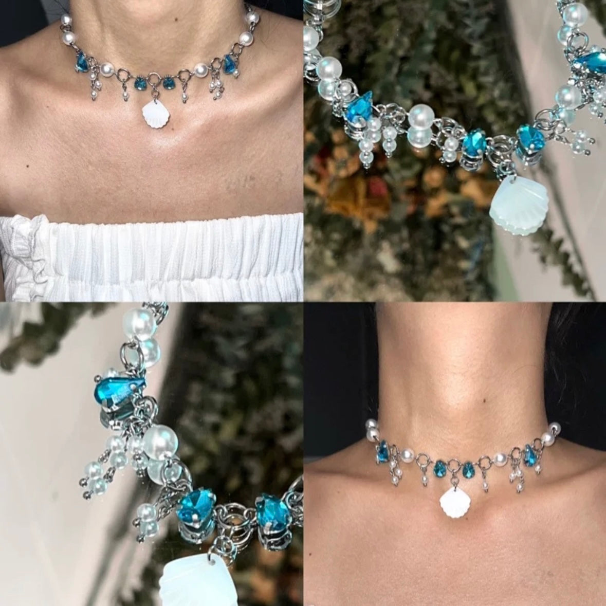 White Pearl Beaded Blue Rhinestone Shell Pendant Choker Fashion Trendy Necklace Silver Loop Chain