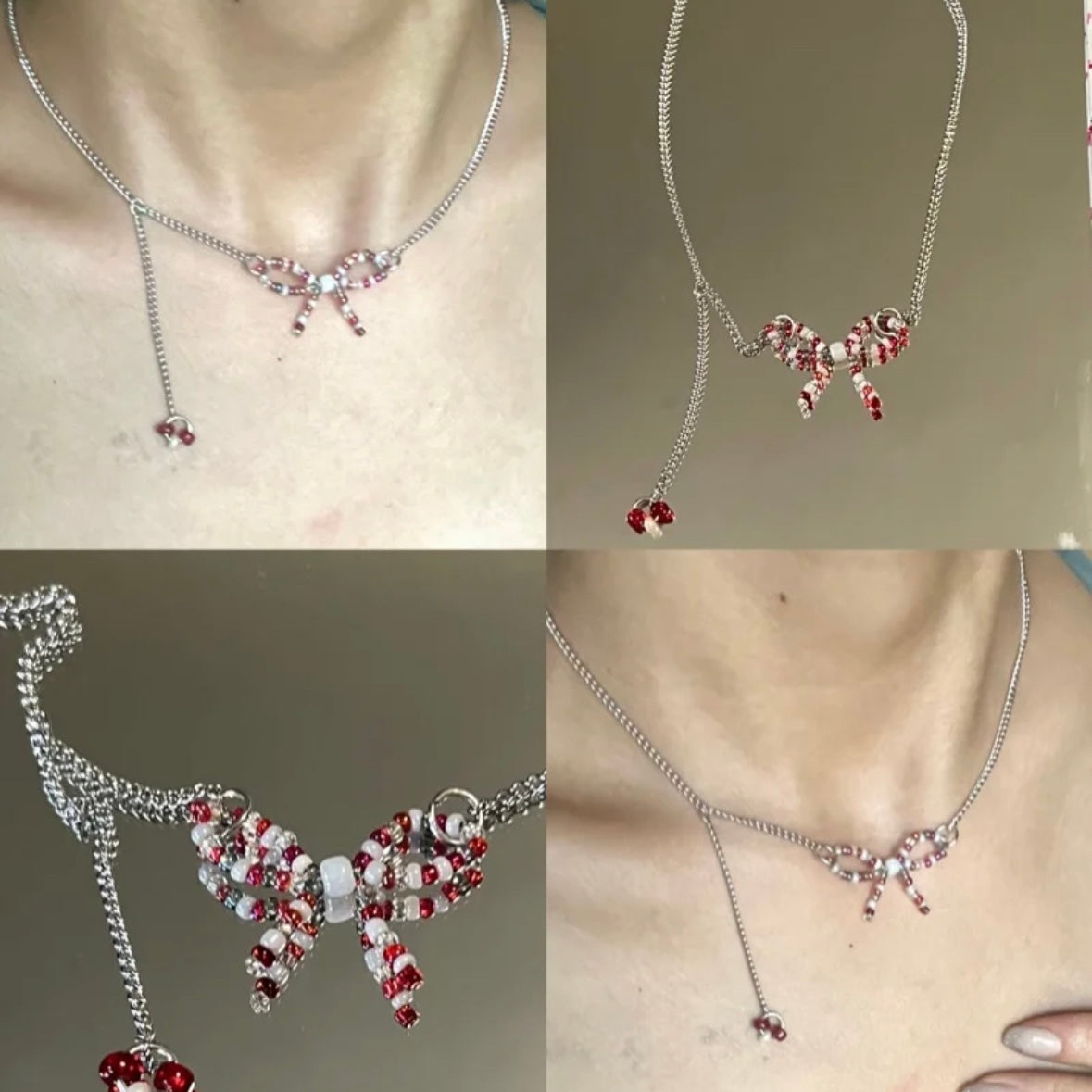 White and Red Beaded Butterfly Bownot Choker Fashion Trendy Necklace Adjustable Silver Chain