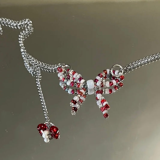 White and Red Beaded Butterfly Bownot Choker Fashion Trendy Necklace Adjustable Silver Chain