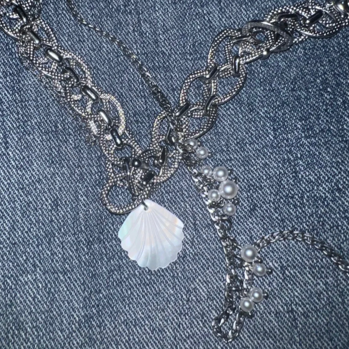 Double Layered Shell Pendant Choker Pearl Beaded Tassels Necklace Silver Link Loop Chain