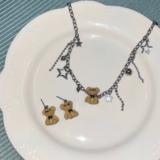Cute Adorable Teddy Bear Choker Star Beaded Pendant Charm Fashion Necklace Silver Chain